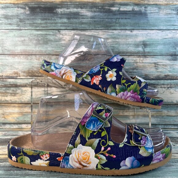 Comfortview The Maxi Footbed Slide Sandal Womens 9 Extra Wide Blue Floral Casual - Picture 1 of 11